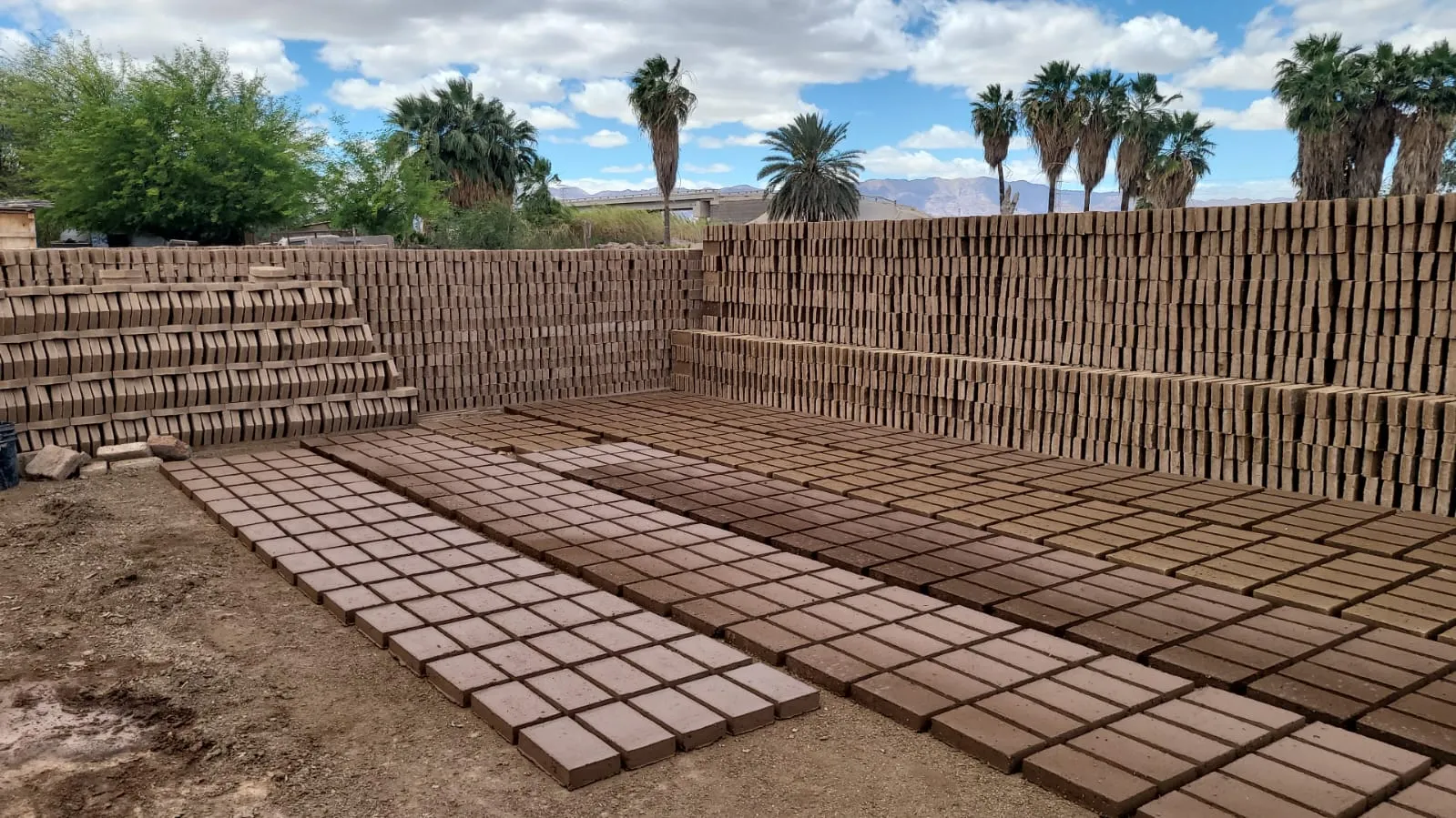 Large yard of fresh handmade bricks arranged in rows