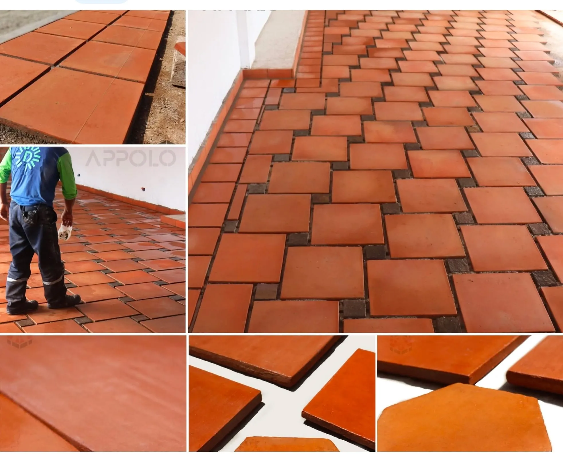 Terracotta square tile floor arranged in a woven pattern